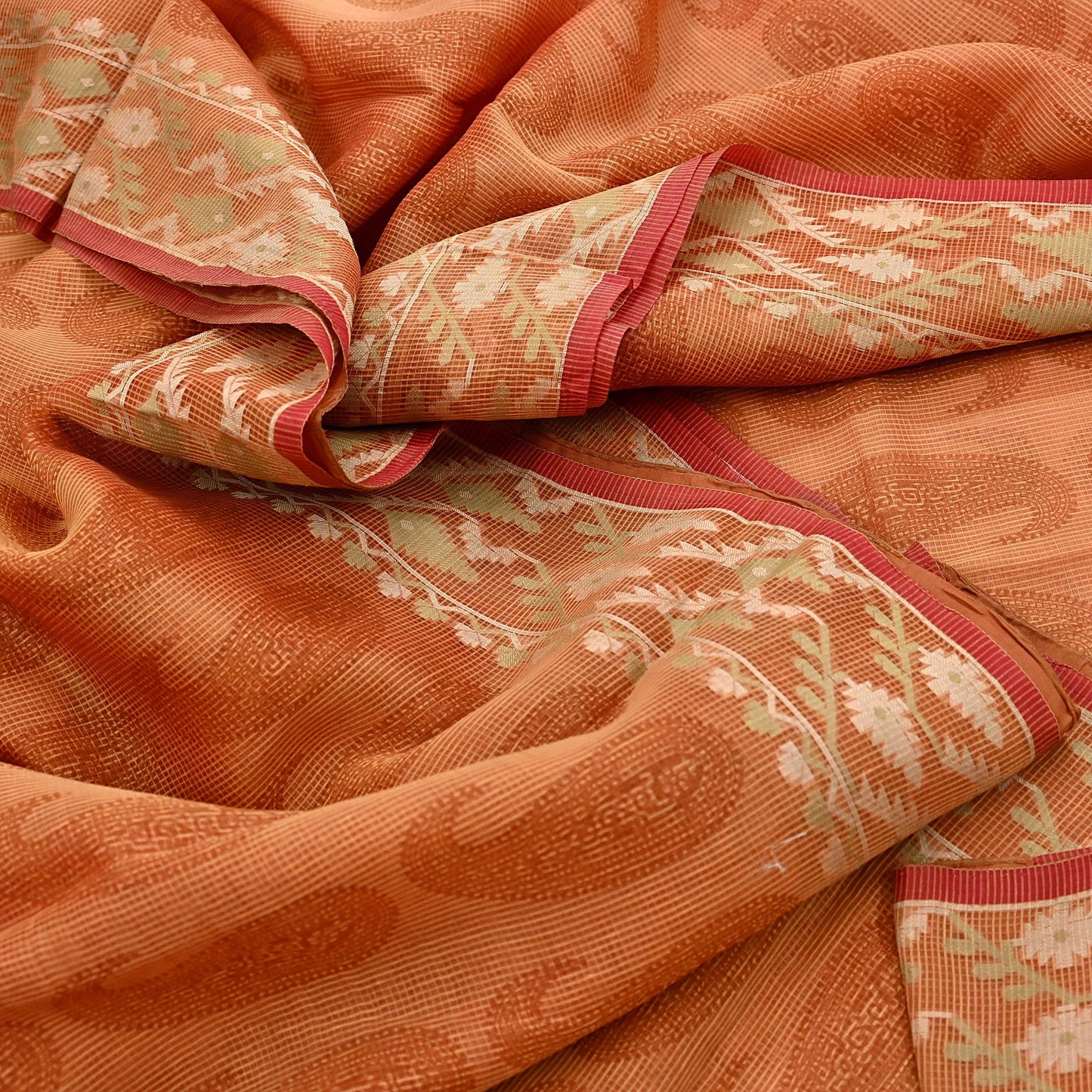 Indian Vintage Sari Saffron Hand Woven 100% Pure Organza Silk Saree Craft Fabric 5Yd Dress Making Crafting Quilting Upcycle Zari