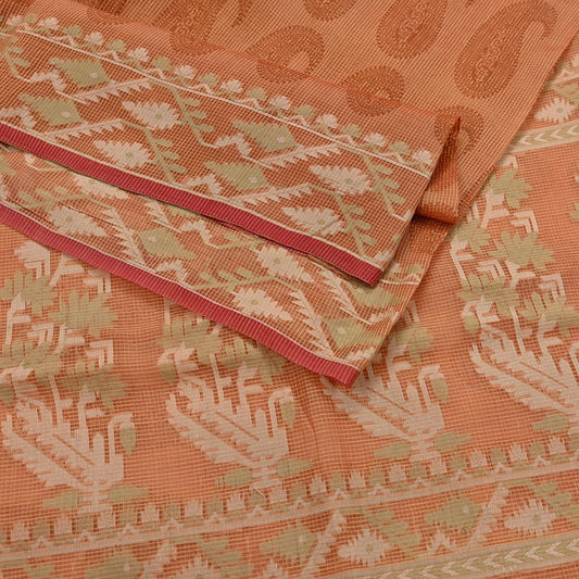 Indian Vintage Sari Saffron Hand Woven 100% Pure Organza Silk Saree Craft Fabric 5Yd Dress Making Crafting Quilting Upcycle Zari