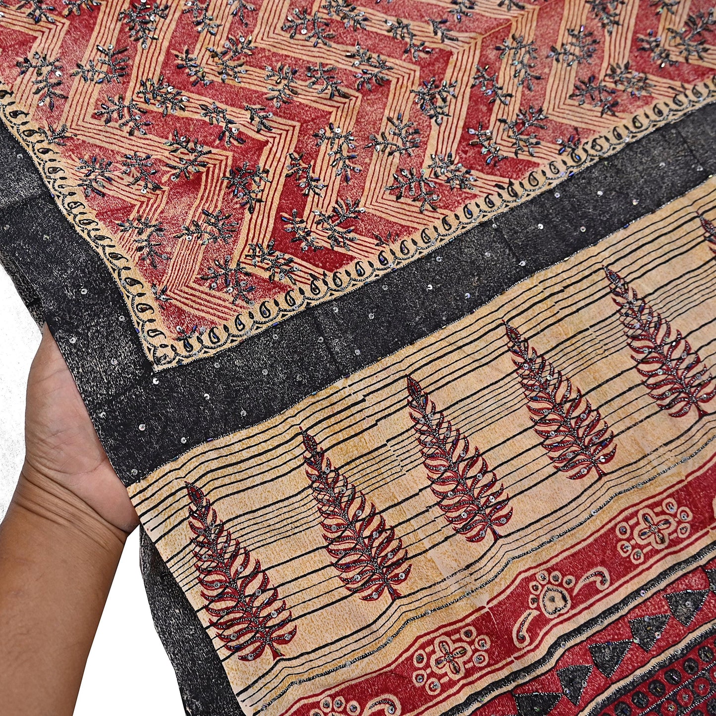 Indian Vintage Sari Red & Beige Pure Crepe Silk Hand Embroidered Saree 5yd Sewing Floral Craft Sequins Dress making Crafting Quilting