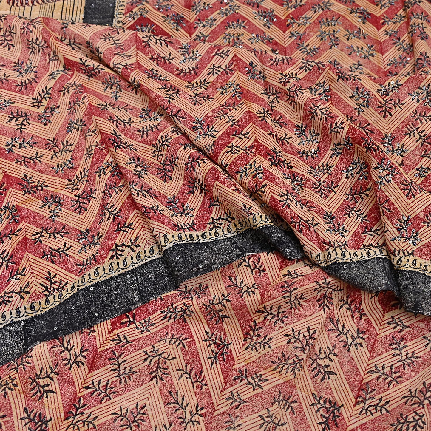 Indian Vintage Sari Red & Beige Pure Crepe Silk Hand Embroidered Saree 5yd Sewing Floral Craft Sequins Dress making Crafting Quilting