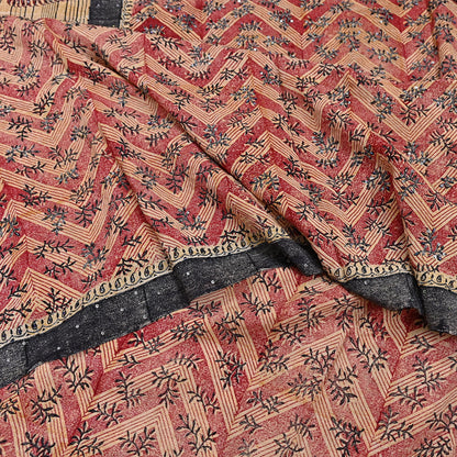 Indian Vintage Sari Red & Beige Pure Crepe Silk Hand Embroidered Saree 5yd Sewing Floral Craft Sequins Dress making Crafting Quilting