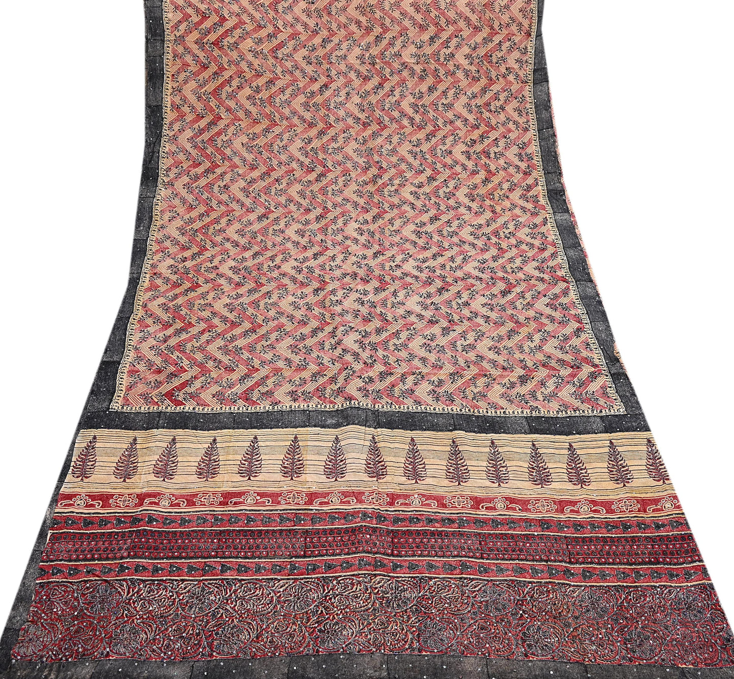 Indian Vintage Sari Red & Beige Pure Crepe Silk Hand Embroidered Saree 5yd Sewing Floral Craft Sequins Dress making Crafting Quilting