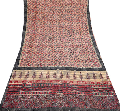 Indian Vintage Sari Red & Beige Pure Crepe Silk Hand Embroidered Saree 5yd Sewing Floral Craft Sequins Dress making Crafting Quilting