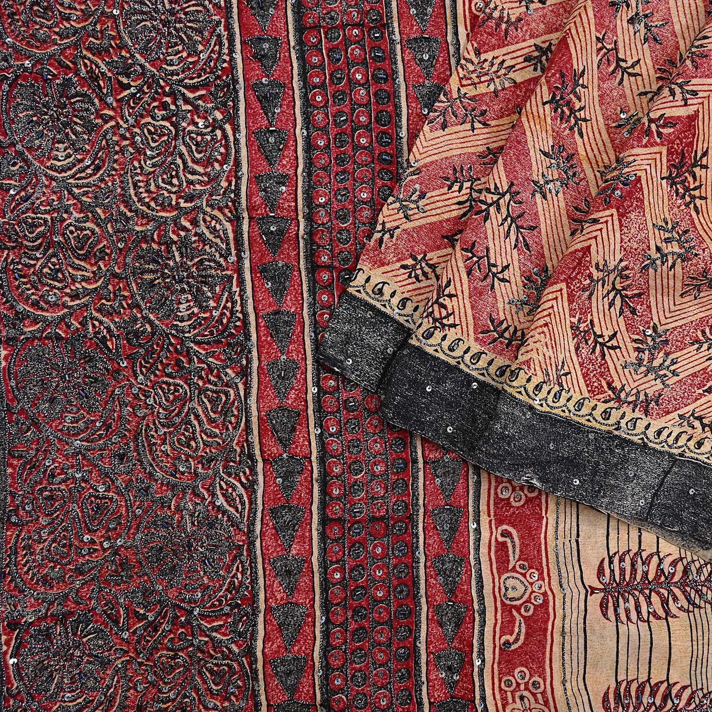 Indian Vintage Sari Red & Beige Pure Crepe Silk Hand Embroidered Saree 5yd Sewing Floral Craft Sequins Dress making Crafting Quilting