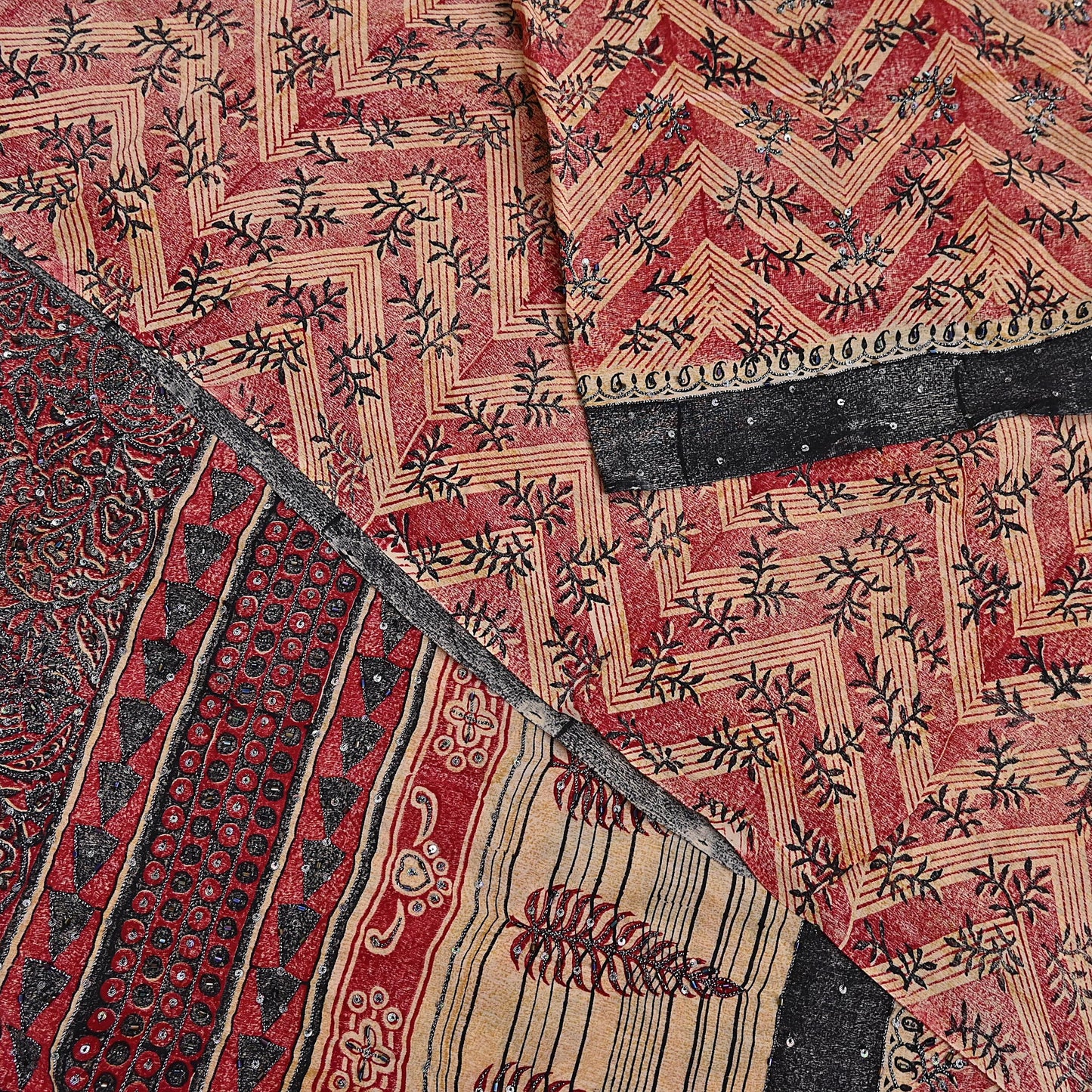 Indian Vintage Sari Red & Beige Pure Crepe Silk Hand Embroidered Saree 5yd Sewing Floral Craft Sequins Dress making Crafting Quilting