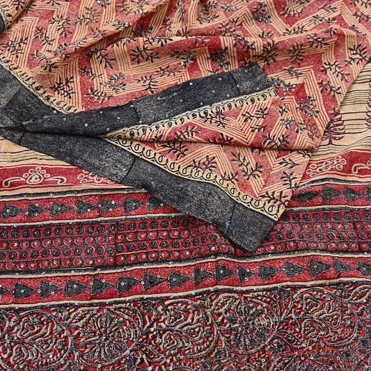 Indian Vintage Sari Red & Beige Pure Crepe Silk Hand Embroidered Saree 5yd Sewing Floral Craft Sequins Dress making Crafting Quilting