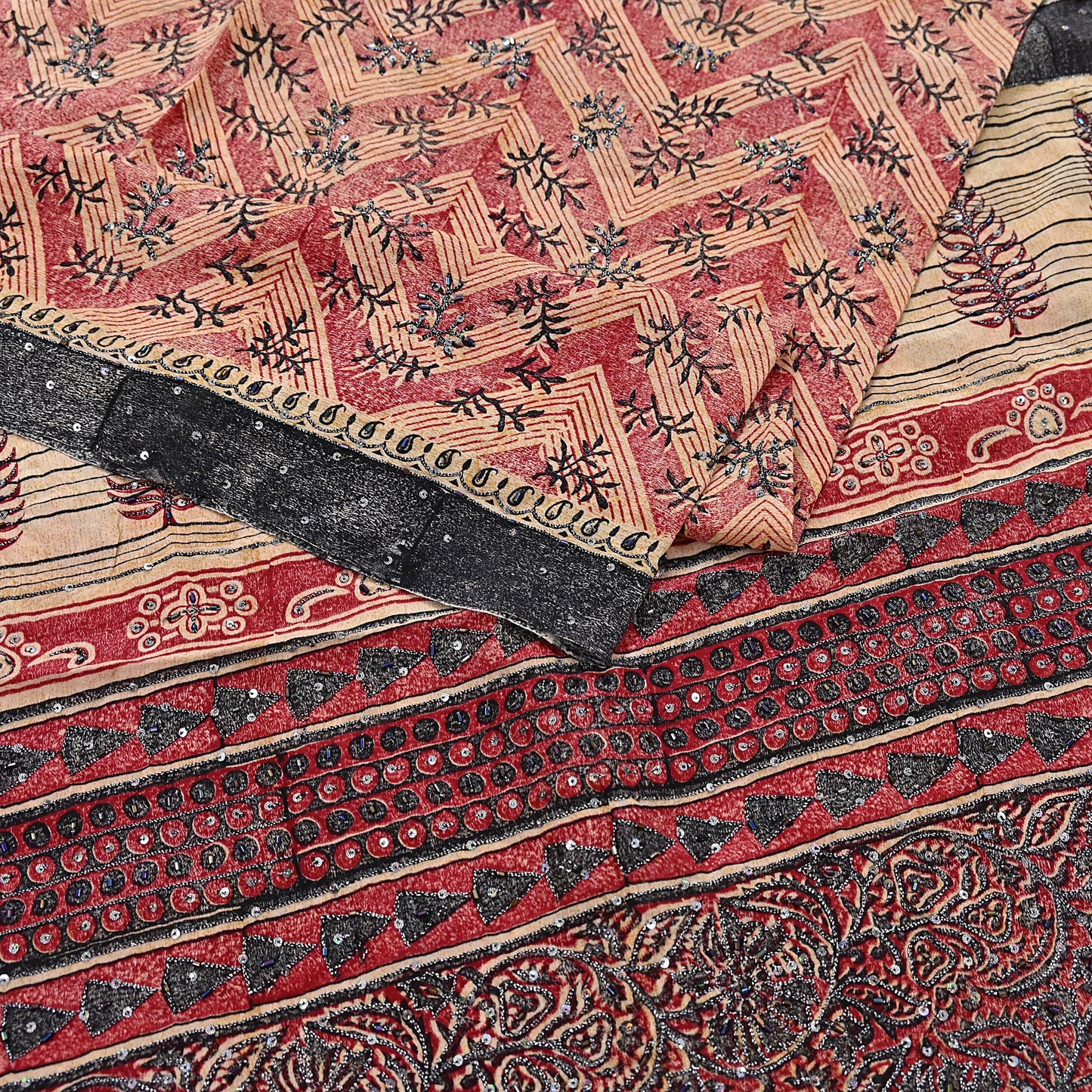 Indian Vintage Sari Red & Beige Pure Crepe Silk Hand Embroidered Saree 5yd Sewing Floral Craft Sequins Dress making Crafting Quilting