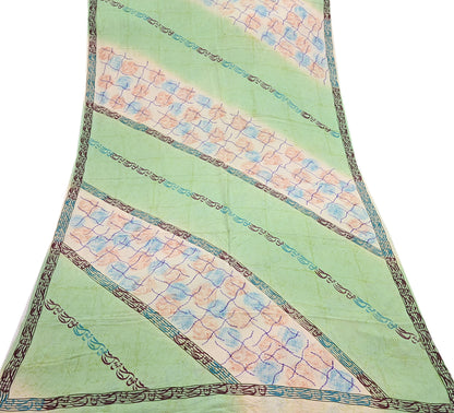 Indian Vintage Sari Green & Ivory Pure Crepe Silk Printed Sarees 5yd Sewing Floral Soft Craft Fabric Wrap Dress Making Crafting Quilting
