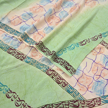 Indian Vintage Sari Green & Ivory Pure Crepe Silk Printed Sarees 5yd Sewing Floral Soft Craft Fabric Wrap Dress Making Crafting Quilting