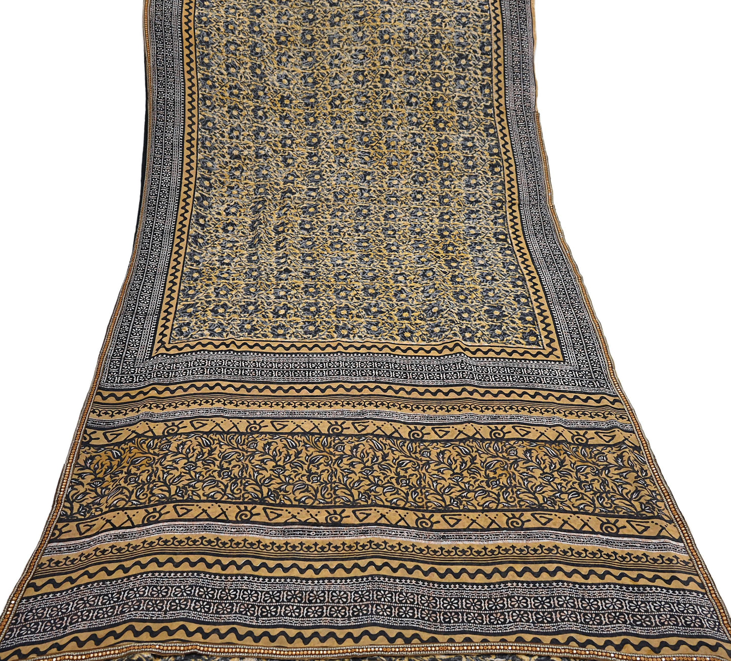 Indian Vintage Sari Beige & Black Pure Georgette Silk Printed Sarees 5Yd Craft Fabric Sewing Quilting Dress making Crafting Quilting Upcycle