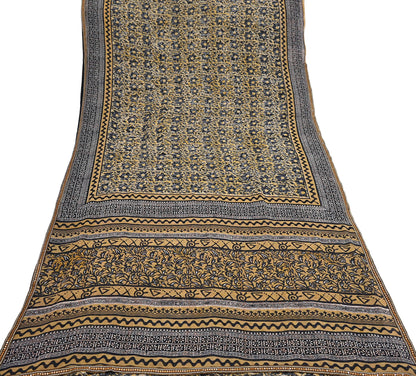 Indian Vintage Sari Beige & Black Pure Georgette Silk Printed Sarees 5Yd Craft Fabric Sewing Quilting Dress making Crafting Quilting Upcycle