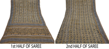 Indian Vintage Sari Beige & Black Pure Georgette Silk Printed Sarees 5Yd Craft Fabric Sewing Quilting Dress making Crafting Quilting Upcycle