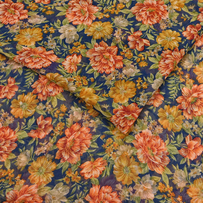 Vintage Saree Teal Blue Pure Chiffon Silk Printed Sari Craft Fabric Sewing 6Yard Soft
