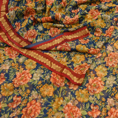Vintage Saree Teal Blue Pure Chiffon Silk Printed Sari Craft Fabric Sewing 6Yard Soft