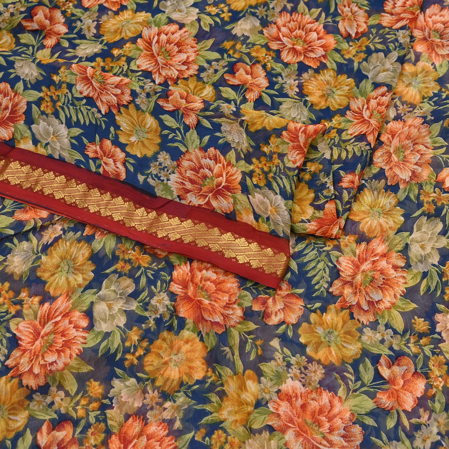 Vintage Saree Teal Blue Pure Chiffon Silk Printed Sari Craft Fabric Sewing 6Yard Soft