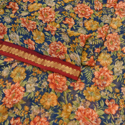 Vintage Saree Teal Blue Pure Chiffon Silk Printed Sari Craft Fabric Sewing 6Yard Soft