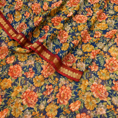 Vintage Saree Teal Blue Pure Chiffon Silk Printed Sari Craft Fabric Sewing 6Yard Soft