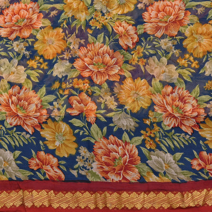 Vintage Saree Teal Blue Pure Chiffon Silk Printed Sari Craft Fabric Sewing 6Yard Soft