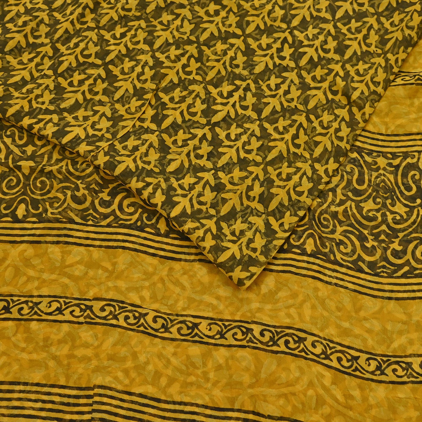 Indian Vintage Sari Yellow & Green Pure Georgette Silk Printed Saree 5Yd Craft Fabric Sewing Quilting Dress making Crafting Quilting Upcycle