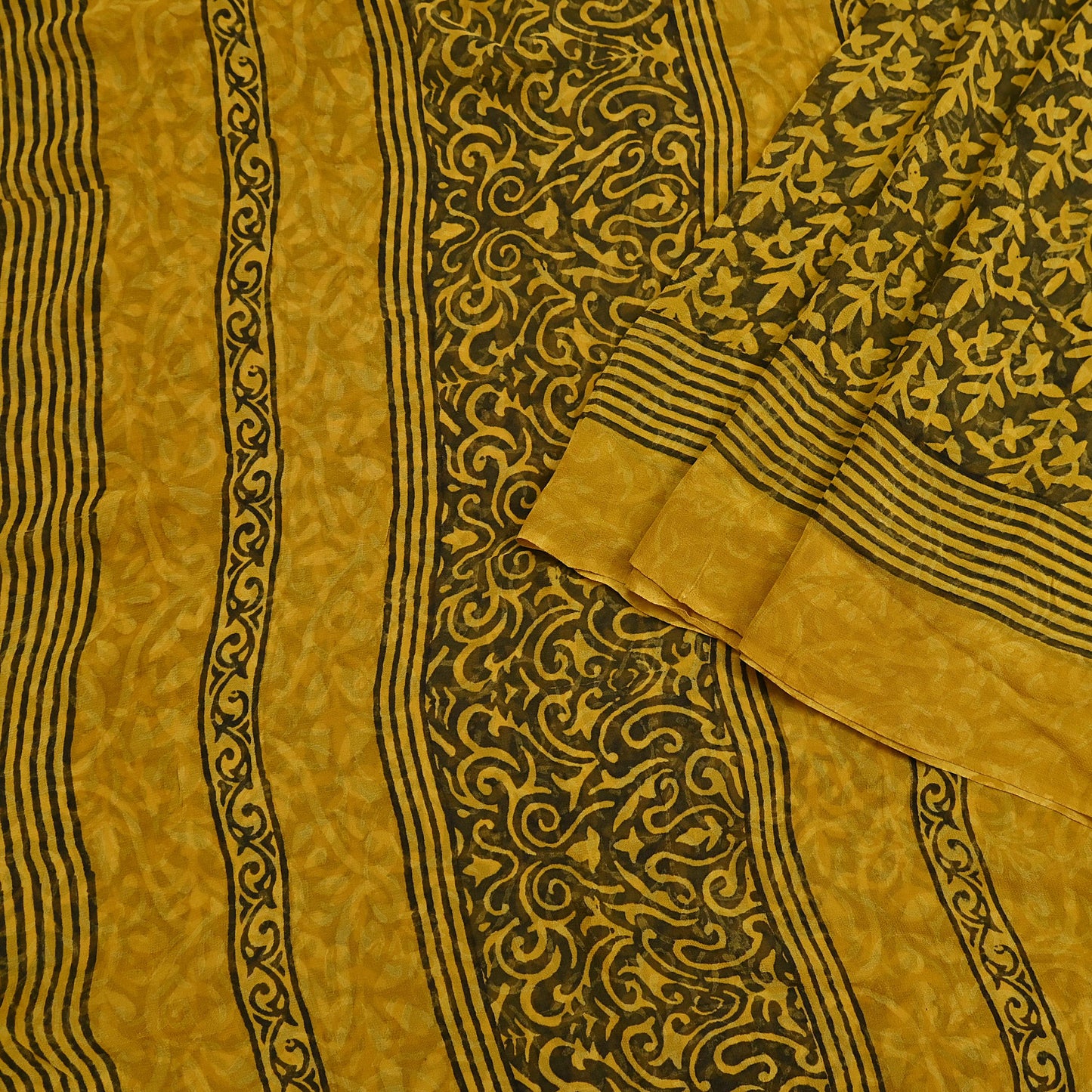 Indian Vintage Sari Yellow & Green Pure Georgette Silk Printed Saree 5Yd Craft Fabric Sewing Quilting Dress making Crafting Quilting Upcycle