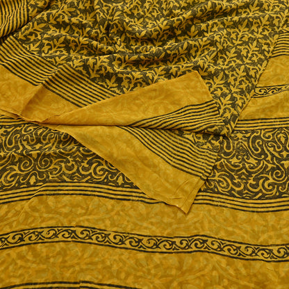 Indian Vintage Sari Yellow & Green Pure Georgette Silk Printed Saree 5Yd Craft Fabric Sewing Quilting Dress making Crafting Quilting Upcycle