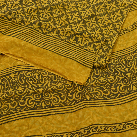 Indian Vintage Sari Yellow & Green Pure Georgette Silk Printed Saree 5Yd Craft Fabric Sewing Quilting Dress making Crafting Quilting Upcycle