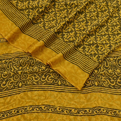 Indian Vintage Sari Yellow & Green Pure Georgette Silk Printed Saree 5Yd Craft Fabric Sewing Quilting Dress making Crafting Quilting Upcycle