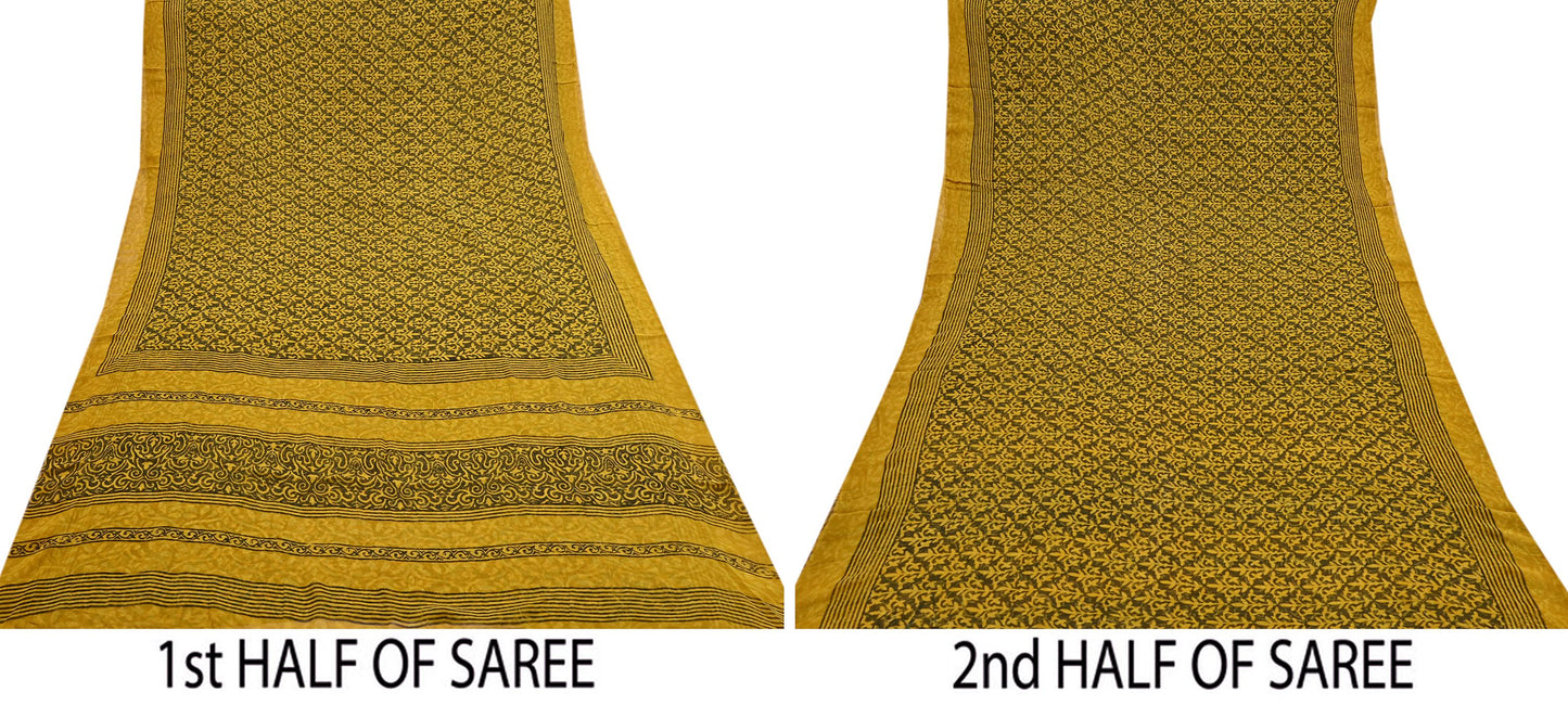 Indian Vintage Sari Yellow & Green Pure Georgette Silk Printed Saree 5Yd Craft Fabric Sewing Quilting Dress making Crafting Quilting Upcycle