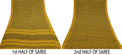 Indian Vintage Sari Yellow & Green Pure Georgette Silk Printed Saree 5Yd Craft Fabric Sewing Quilting Dress making Crafting Quilting Upcycle