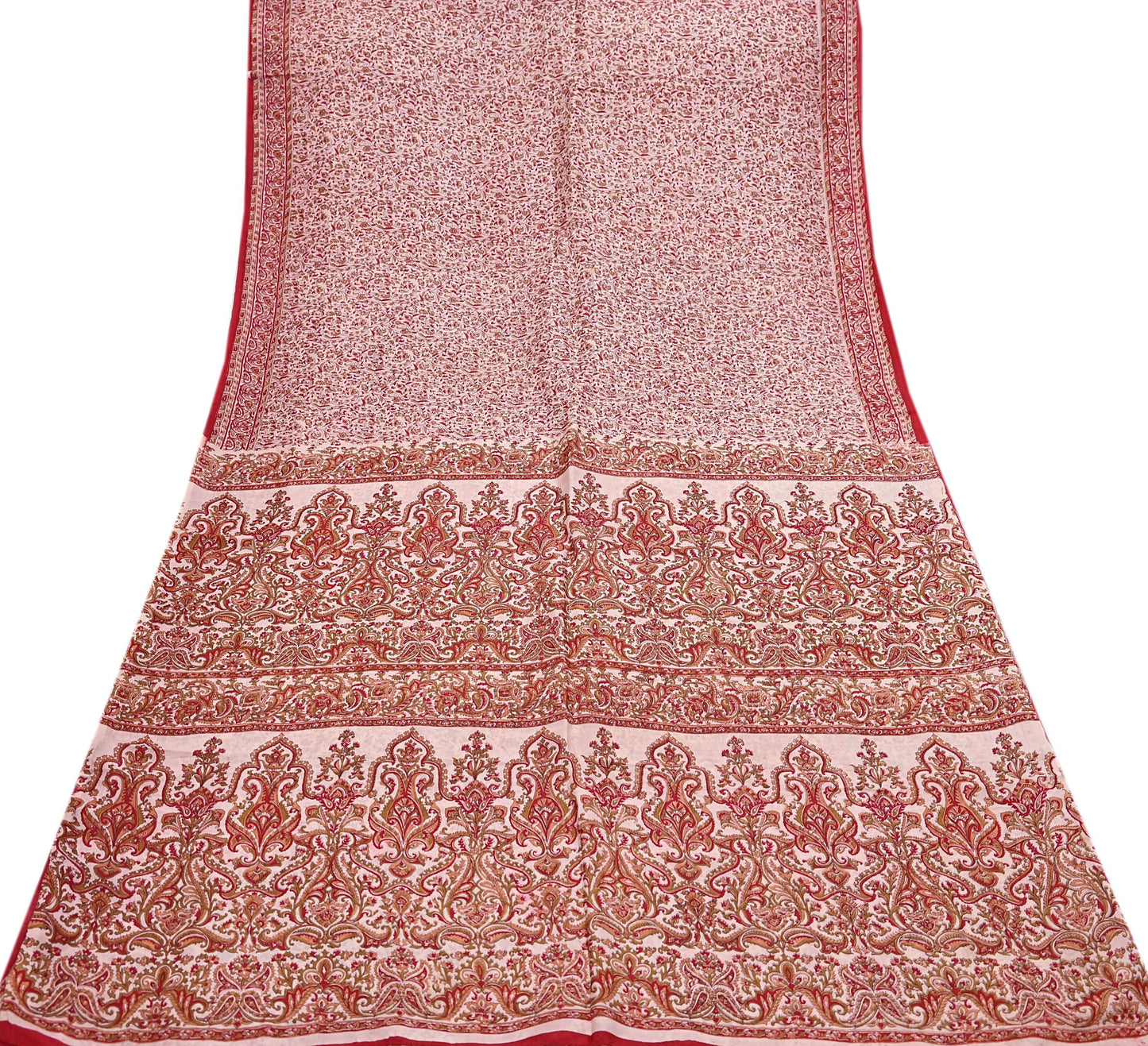 Indian Vintage Ivory & Red Saree Pure Silk Printed Sari 6yd Sewing Craft Fabric DressMaking  Soft Wrap Crafting Quilting Used Paisley