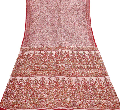 Indian Vintage Ivory & Red Saree Pure Silk Printed Sari 6yd Sewing Craft Fabric DressMaking  Soft Wrap Crafting Quilting Used Paisley