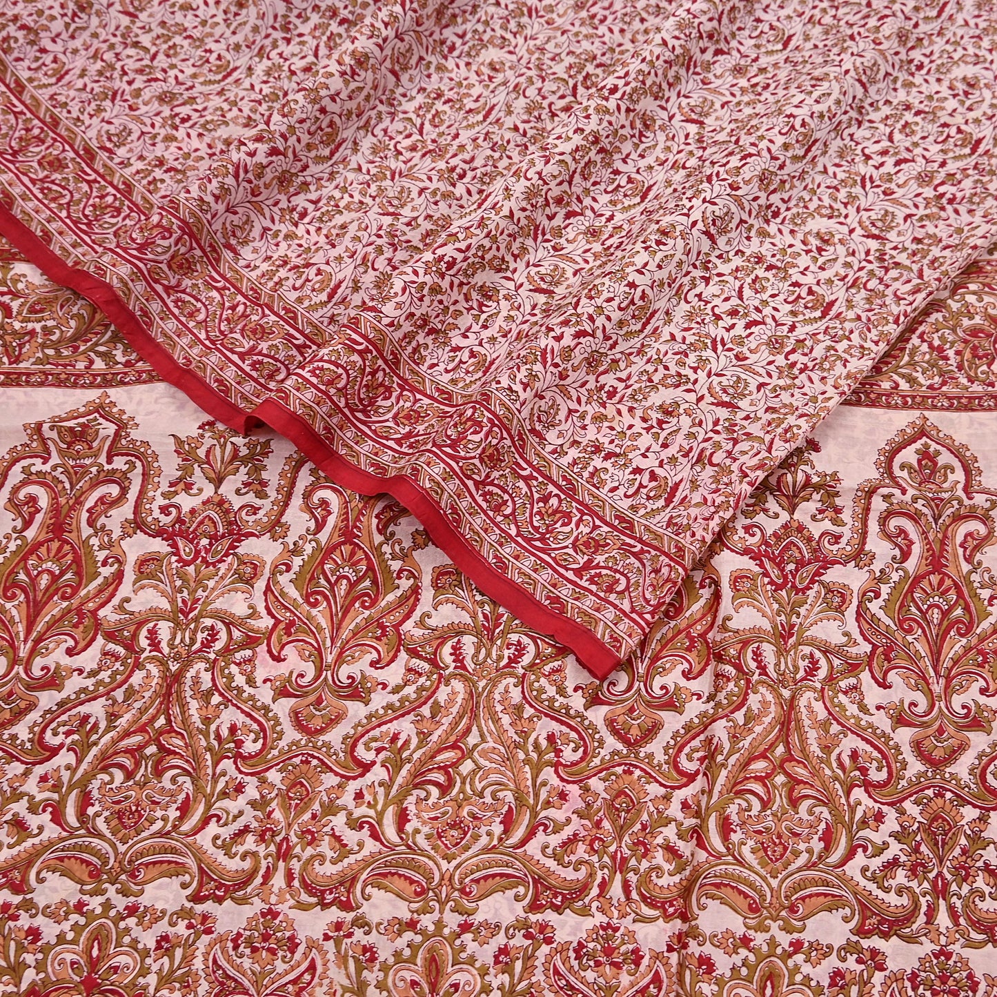 Indian Vintage Ivory & Red Saree Pure Silk Printed Sari 6yd Sewing Craft Fabric DressMaking  Soft Wrap Crafting Quilting Used Paisley