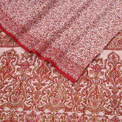 Indian Vintage Ivory & Red Saree Pure Silk Printed Sari 6yd Sewing Craft Fabric DressMaking  Soft Wrap Crafting Quilting Used Paisley