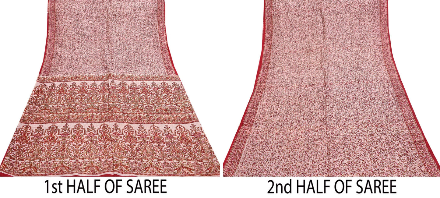 Indian Vintage Ivory & Red Saree Pure Silk Printed Sari 6yd Sewing Craft Fabric DressMaking  Soft Wrap Crafting Quilting Used Paisley