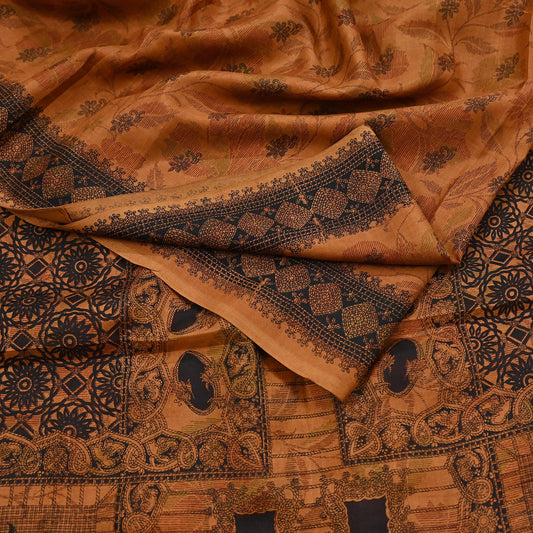 Indian Vintage Sari Saffron & Black 100% Pure Silk Printed Sarees 6yd Sewing Craft Fabric DressMaking Soft Floral Quilting Crafting Upcycle