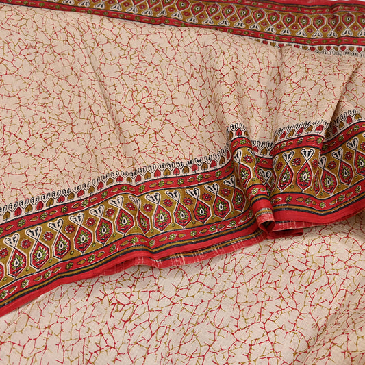 Indian Vintage Ivory Saree Floral Paisley Pure Silk Printed 5Yards Fabric Soft Craft for Dressmaking, Quilting & Christmas Decor