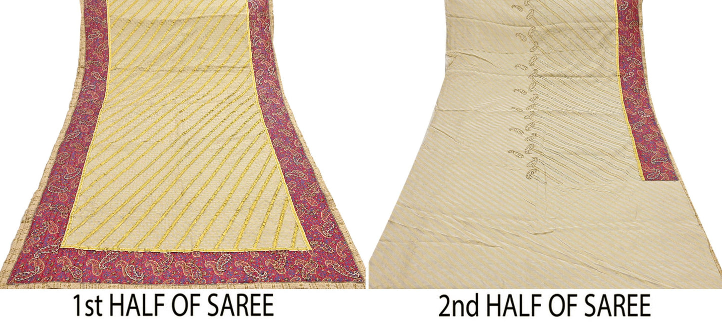 Indian Vintage Heavy Sarees Ivory Pure Cotton Hand Embrooidered Sari 5yd Ethnic Floral Craft Fabric Dress making Upcycle