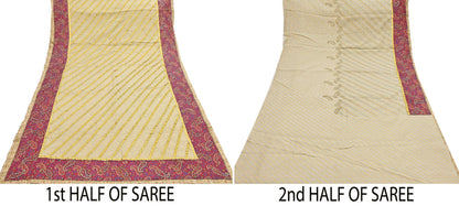 Indian Vintage Heavy Sarees Ivory Pure Cotton Hand Embrooidered Sari 5yd Ethnic Floral Craft Fabric Dress making Upcycle