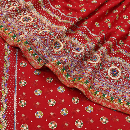 Indian Vintage Hot Red Saree Pure Georgette Silk Pre-owned Hand Beaded Ritu Kumar Designer Sari 5Yd Soft Ethnic Bollywood Party sarees