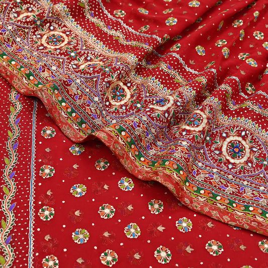 Indian Vintage Hot Red Saree Pure Georgette Silk Pre-owned Hand Beaded Ritu Kumar Designer Sari 5Yd Soft Ethnic Bollywood Party sarees