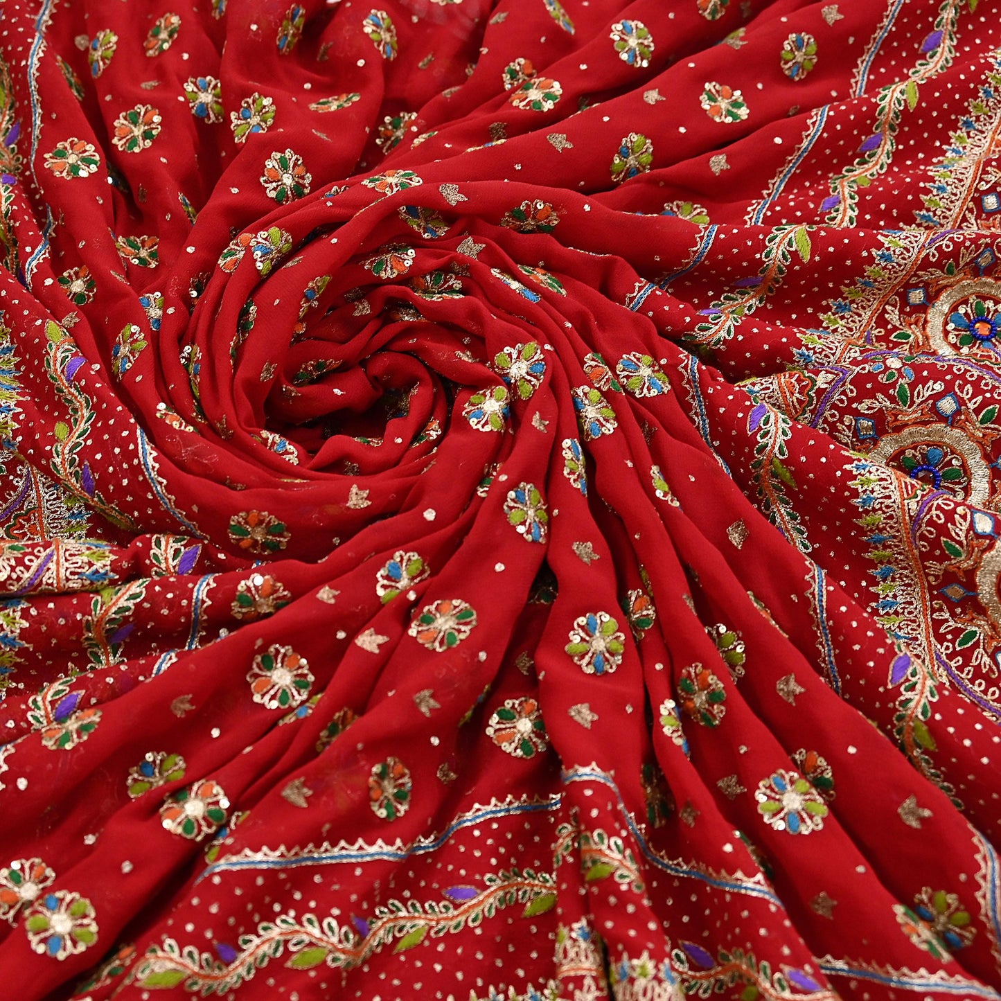 Indian Vintage Hot Red Saree Pure Georgette Silk Pre-owned Hand Beaded Ritu Kumar Designer Sari 5Yd Soft Ethnic Bollywood Party sarees