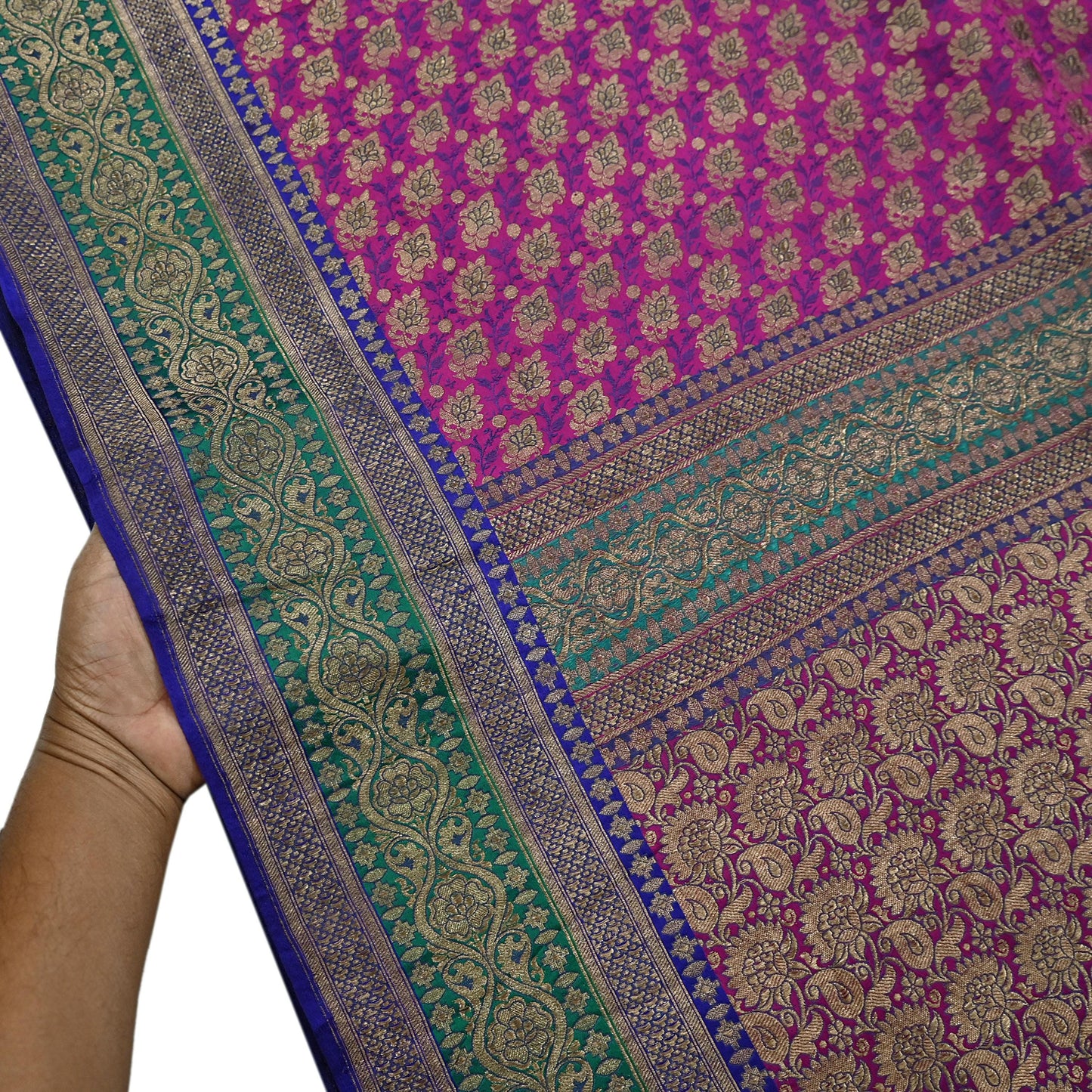 Indian Antique Vintage Heavy Wedding Sari Purple & Green Pure Satin Silk Hand Woven Banarasi Sarees Zari 5Yd Pre-owned Designing