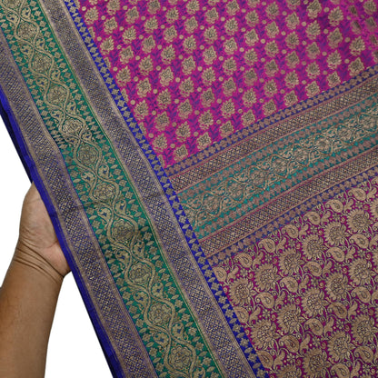 Indian Antique Vintage Heavy Wedding Sari Purple & Green Pure Satin Silk Hand Woven Banarasi Sarees Zari 5Yd Pre-owned Designing