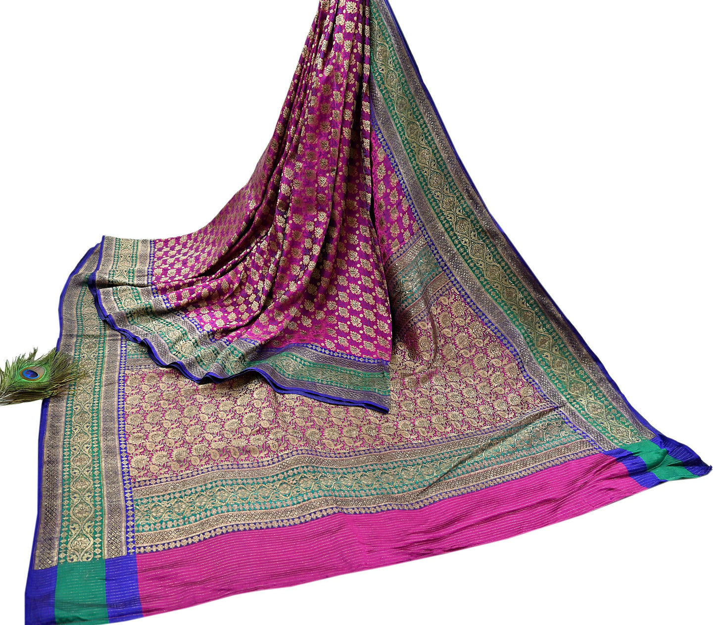 Indian Antique Vintage Heavy Wedding Sari Purple & Green Pure Satin Silk Hand Woven Banarasi Sarees Zari 5Yd Pre-owned Designing