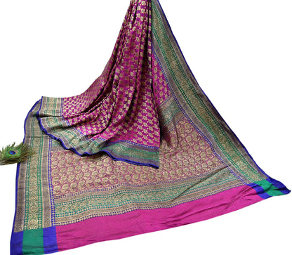 Indian Antique Vintage Heavy Wedding Sari Purple & Green Pure Satin Silk Hand Woven Banarasi Sarees Zari 5Yd Pre-owned Designing