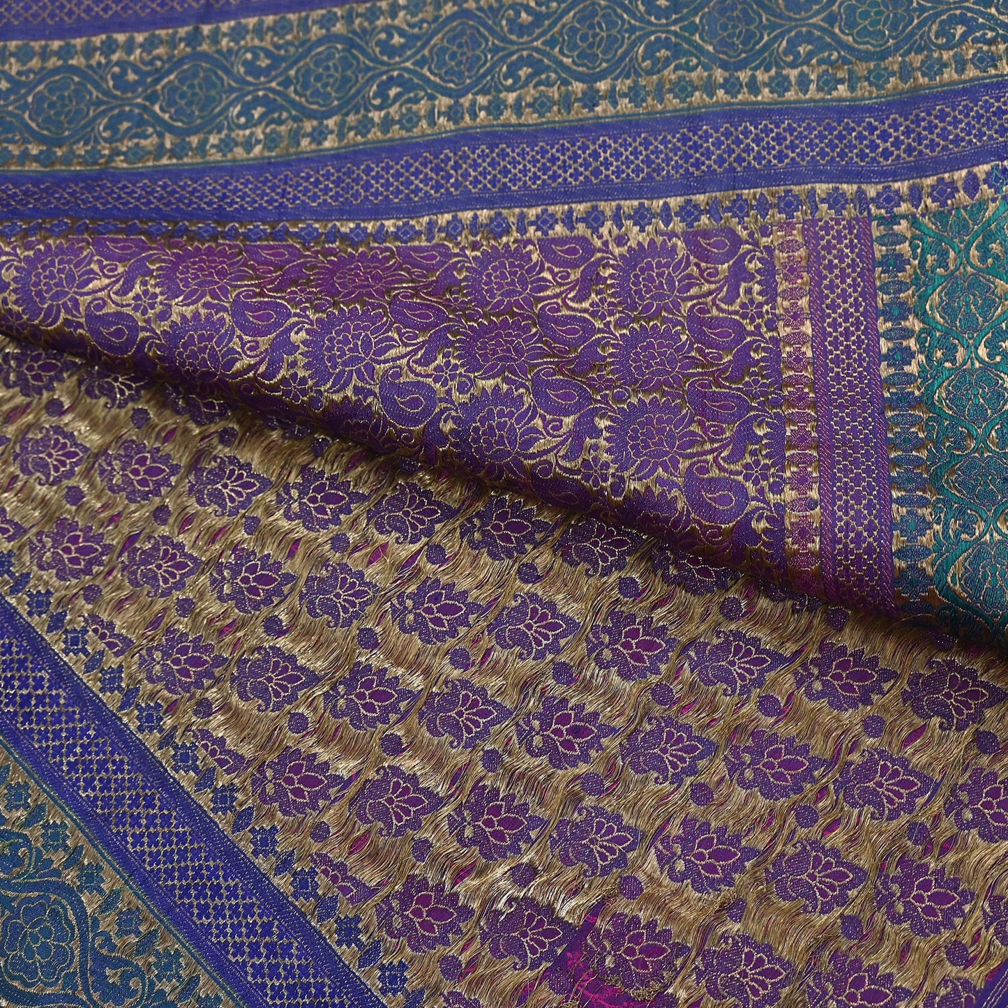 Indian Antique Vintage Heavy Wedding Sari Purple & Green Pure Satin Silk Hand Woven Banarasi Sarees Zari 5Yd Pre-owned Designing