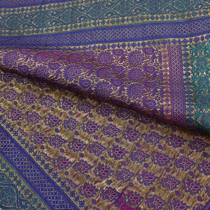 Indian Antique Vintage Heavy Wedding Sari Purple & Green Pure Satin Silk Hand Woven Banarasi Sarees Zari 5Yd Pre-owned Designing