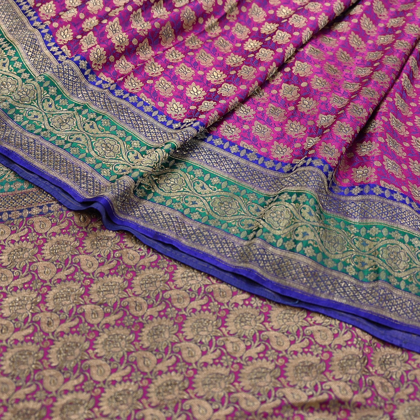 Indian Antique Vintage Heavy Wedding Sari Purple & Green Pure Satin Silk Hand Woven Banarasi Sarees Zari 5Yd Pre-owned Designing