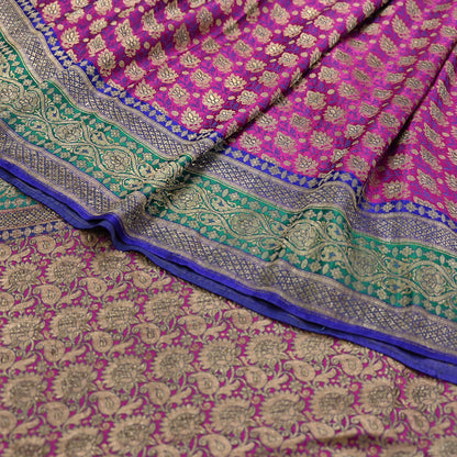 Indian Antique Vintage Heavy Wedding Sari Purple & Green Pure Satin Silk Hand Woven Banarasi Sarees Zari 5Yd Pre-owned Designing