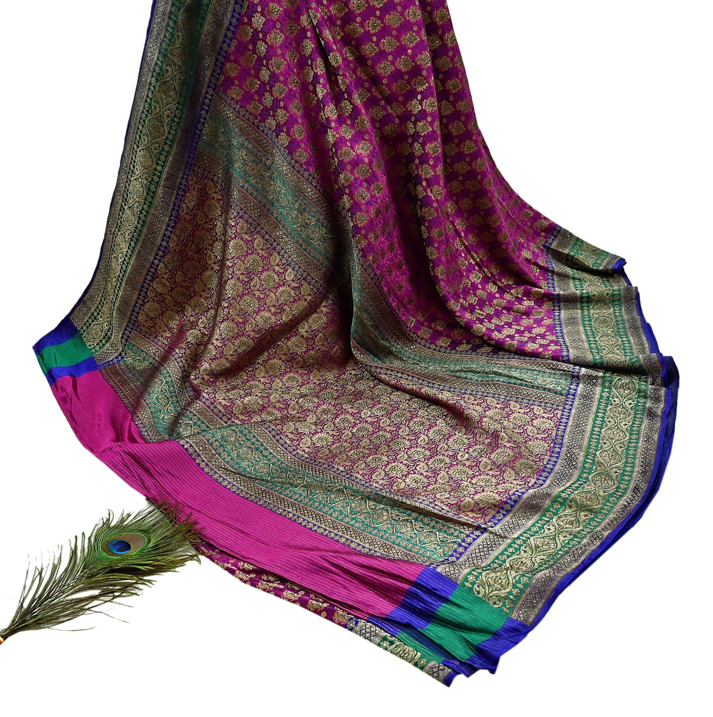 Indian Antique Vintage Heavy Wedding Sari Purple & Green Pure Satin Silk Hand Woven Banarasi Sarees Zari 5Yd Pre-owned Designing